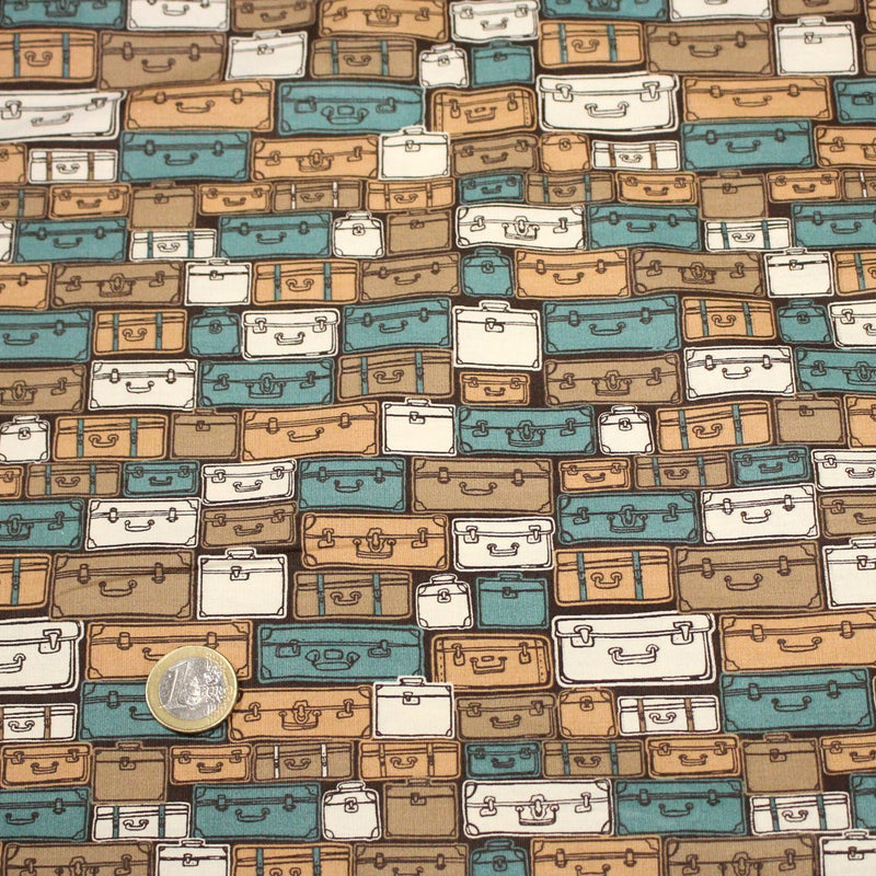 Tissu popeline coton, les valises & malettes, tons ocres & bleus - Collection VOYAGE - tissuspipi.com