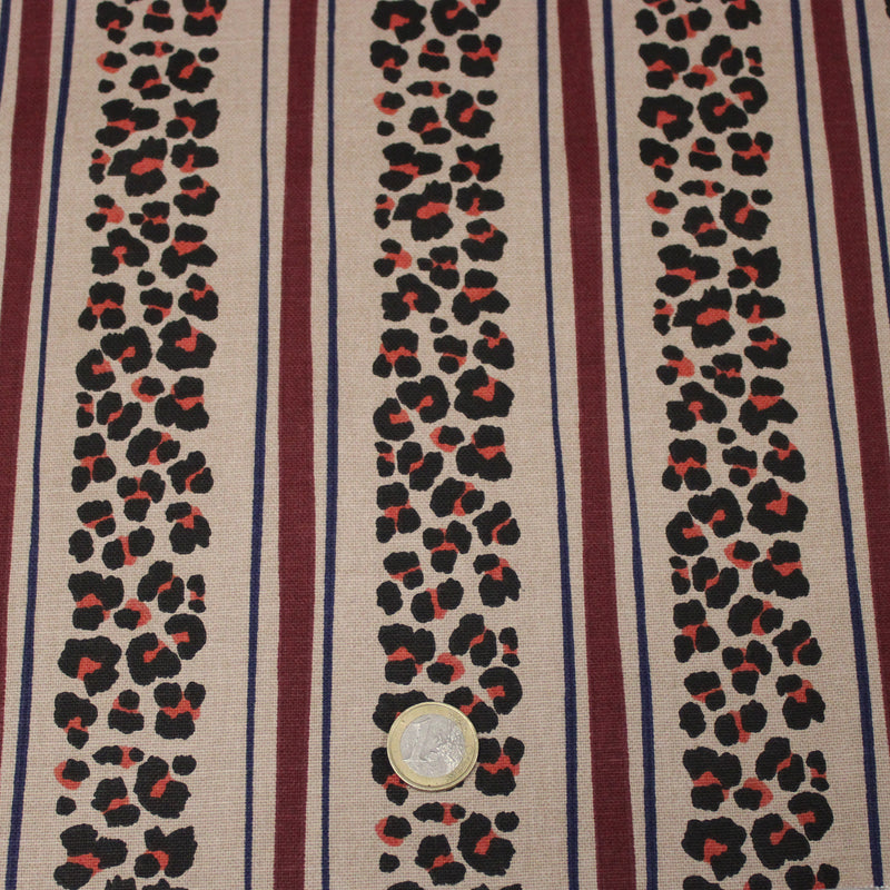 Tissu coton demi-natté LEOPARD & rayures bordeaux et bleues, fond lin - OEKO-TEX STANDARD 100 - tissuspipi.com