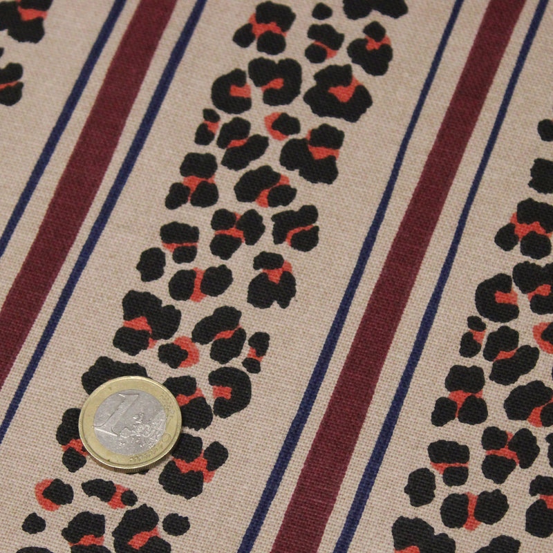 Tissu coton demi-natté LEOPARD & rayures bordeaux et bleues, fond lin - OEKO-TEX STANDARD 100 - tissuspipi.com