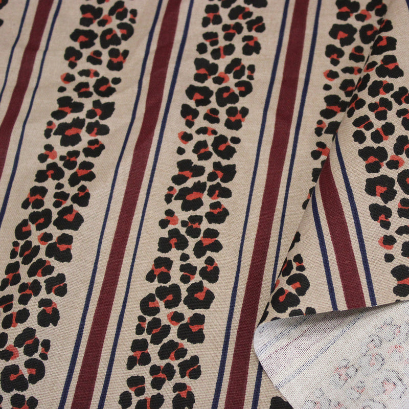 Tissu coton demi-natté LEOPARD & rayures bordeaux et bleues, fond lin - OEKO-TEX STANDARD 100 - tissuspipi.com