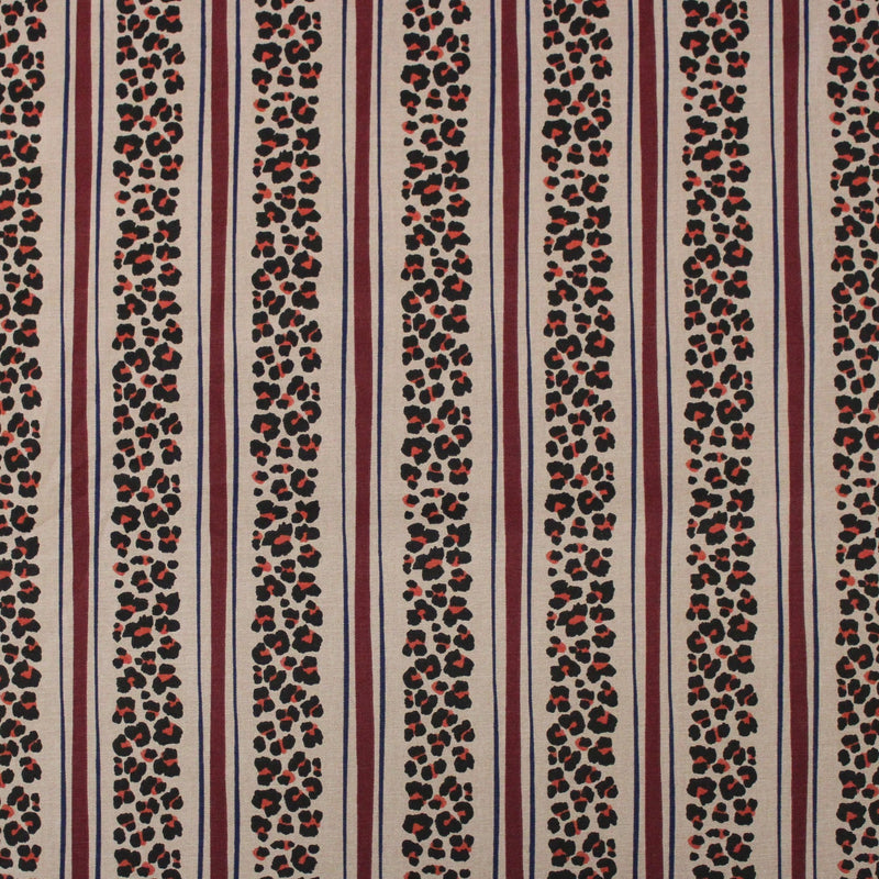 Tissu coton demi-natté LEOPARD & rayures bordeaux et bleues, fond lin - OEKO-TEX STANDARD 100 - tissuspipi.com