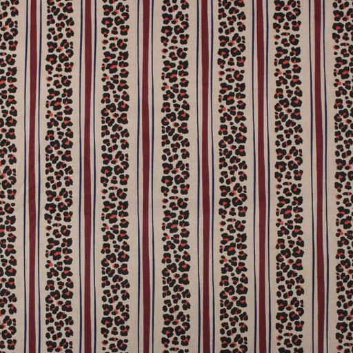 Tissu coton demi-natté LEOPARD & rayures bordeaux et bleues, fond lin - OEKO-TEX STANDARD 100 - tissuspipi.com