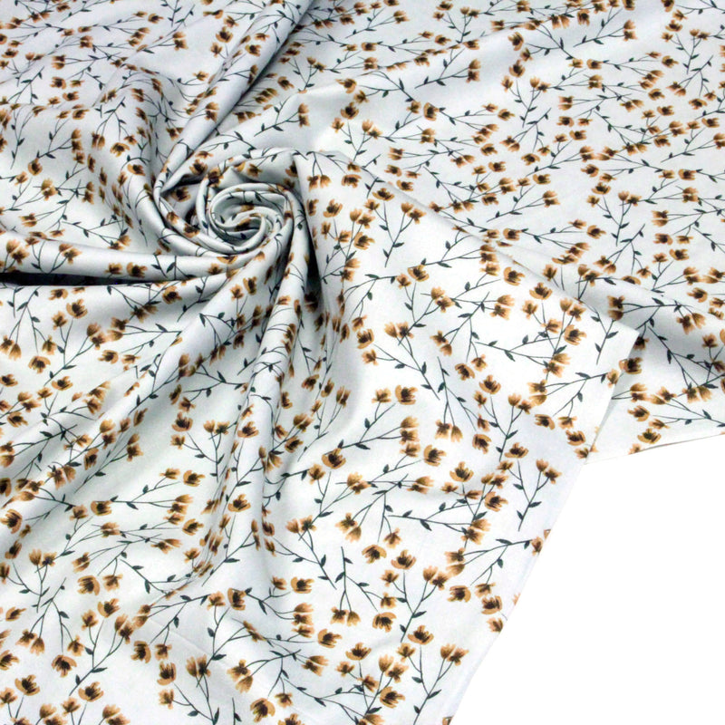 Tissu popeline coton, bleu ciel aux fines fleurs ocre et tiges vertes - Collection britannique - tissuspipi.com