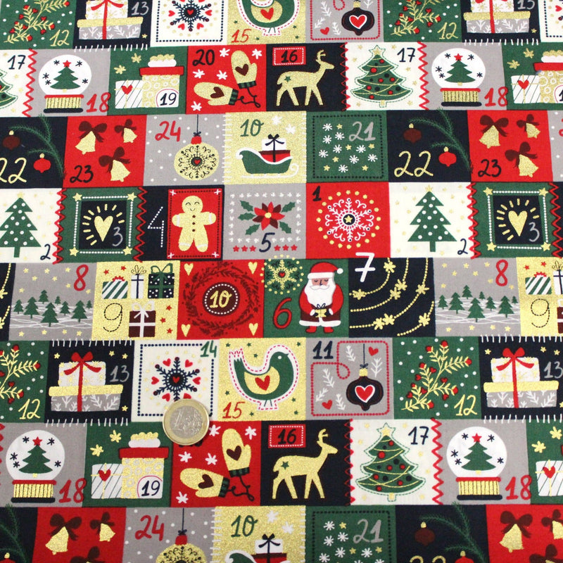 Tissu de coton de Noël La calendrier de l'Avent bleu, rouge, vert et doré - COLLECTION NOËL - OEKO - TEX - tissuspipi.com