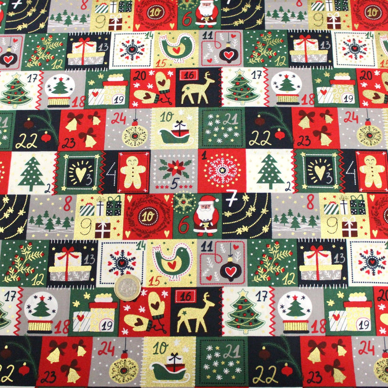 Tissu de coton de Noël La calendrier de l'Avent bleu, rouge, vert et doré - COLLECTION NOËL - OEKO - TEX - tissuspipi.com