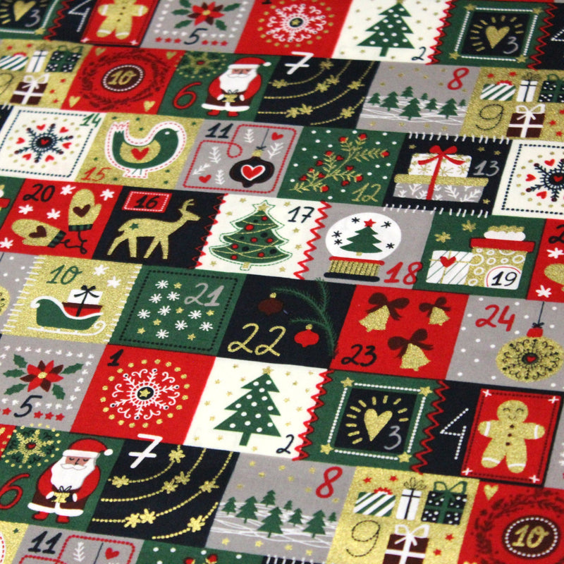 Tissu de coton de Noël La calendrier de l'Avent bleu, rouge, vert et doré - COLLECTION NOËL - OEKO - TEX - tissuspipi.com