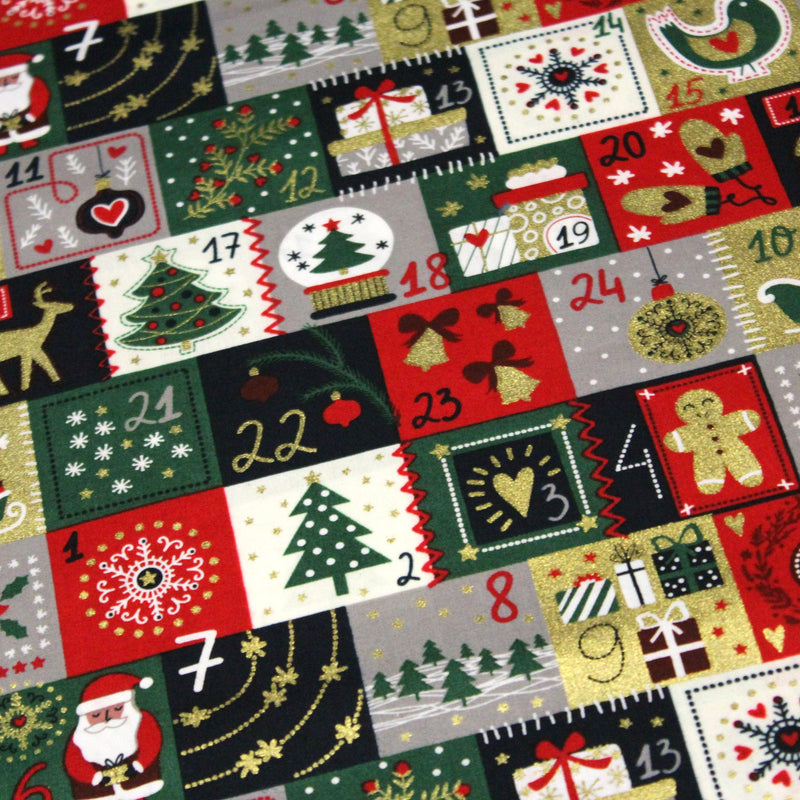 Tissu de coton de Noël La calendrier de l'Avent bleu, rouge, vert et doré - COLLECTION NOËL - OEKO - TEX - tissuspipi.com