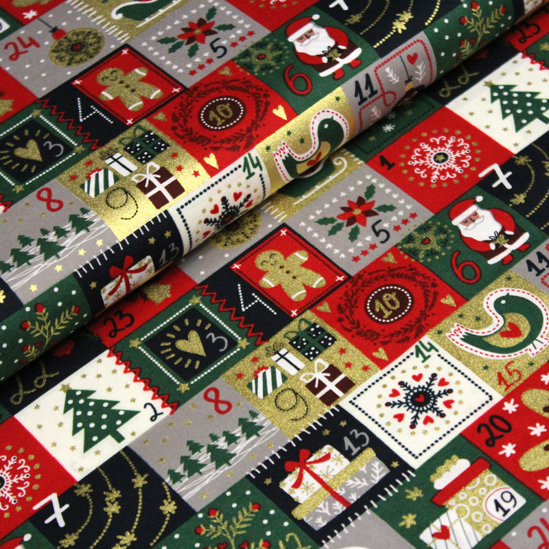 Tissu de coton de Noël La calendrier de l'Avent bleu, rouge, vert et doré - COLLECTION NOËL - OEKO - TEX - tissuspipi.com