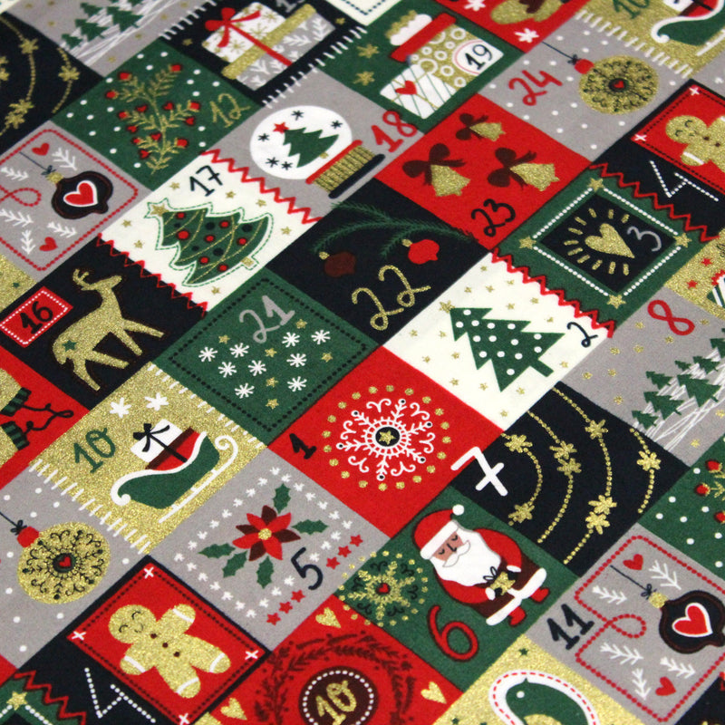 Tissu de coton de Noël La calendrier de l'Avent bleu, rouge, vert et doré - COLLECTION NOËL - OEKO - TEX - tissuspipi.com