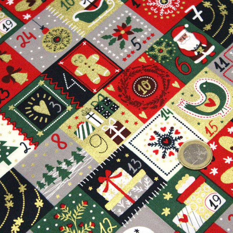 Tissu de coton de Noël La calendrier de l'Avent bleu, rouge, vert et doré - COLLECTION NOËL - OEKO - TEX - tissuspipi.com