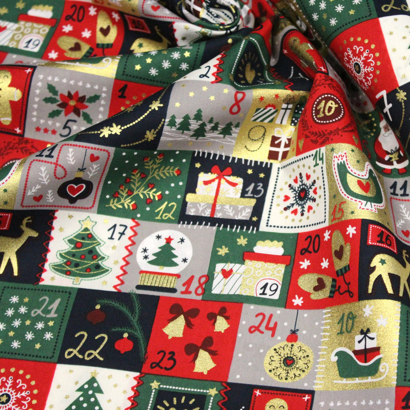 Tissu de coton de Noël La calendrier de l'Avent bleu, rouge, vert et doré - COLLECTION NOËL - OEKO - TEX - tissuspipi.com