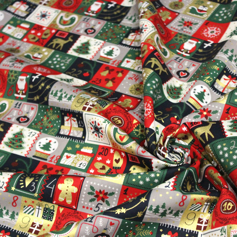 Tissu de coton de Noël La calendrier de l'Avent bleu, rouge, vert et doré - COLLECTION NOËL - OEKO - TEX - tissuspipi.com