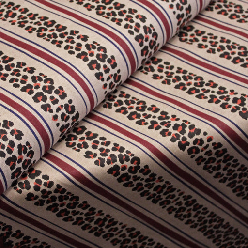 Tissu coton demi-natté LEOPARD & rayures bordeaux et bleues, fond lin - OEKO-TEX STANDARD 100 - tissuspipi.com