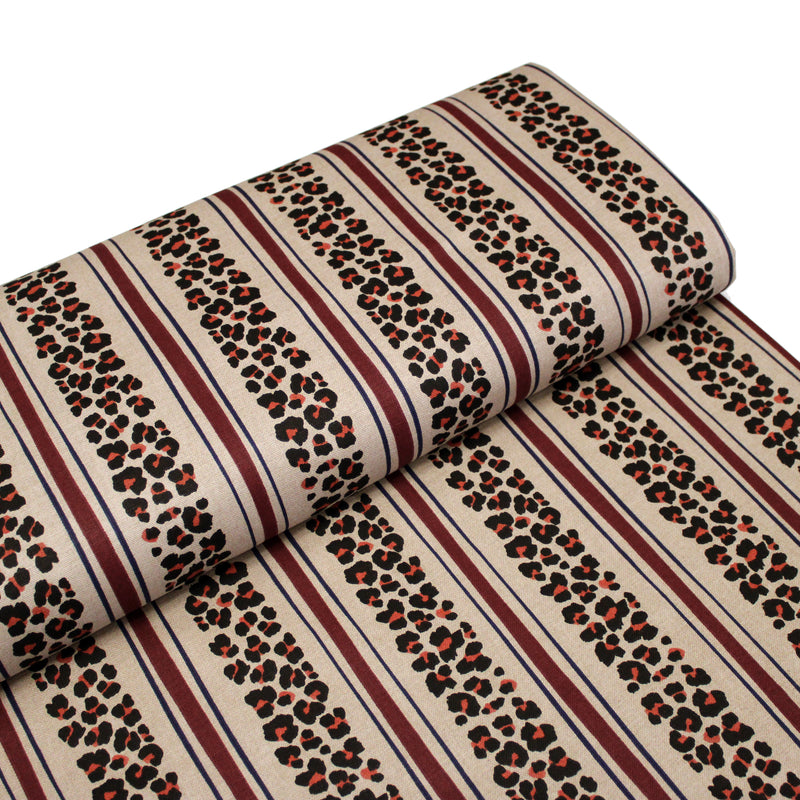Tissu coton demi-natté LEOPARD & rayures bordeaux et bleues, fond lin - OEKO-TEX STANDARD 100 - tissuspipi.com