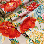 Tissu coton demi-natté PALOMA aux grandes et belles fleurs colorées, fond lin - OEKO-TEX STANDARD 100 - tissuspipi.com