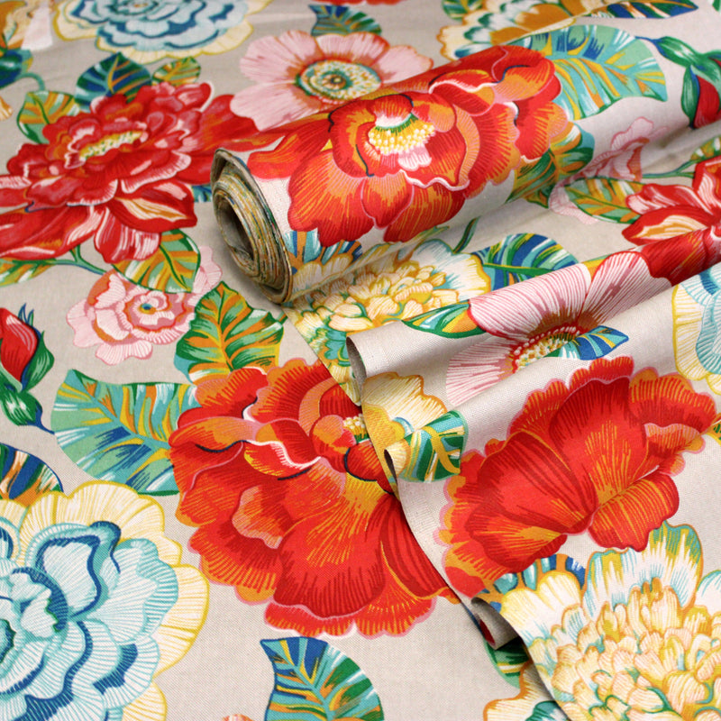 Tissu coton demi-natté PALOMA aux grandes et belles fleurs colorées, fond lin - OEKO-TEX STANDARD 100 - tissuspipi.com