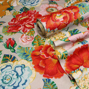 Tissu coton demi-natté PALOMA aux grandes et belles fleurs colorées, fond lin - OEKO-TEX STANDARD 100 - tissuspipi.com