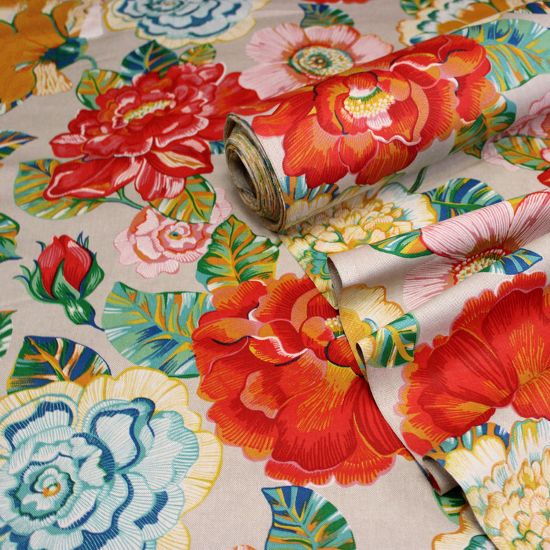 Tissu coton demi-natté PALOMA aux grandes et belles fleurs colorées, fond lin - OEKO-TEX STANDARD 100 - tissuspipi.com