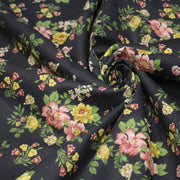 Tissu popeline coton gris aux fleurs roses et jaunes - Collection britannique - tissuspipi.com