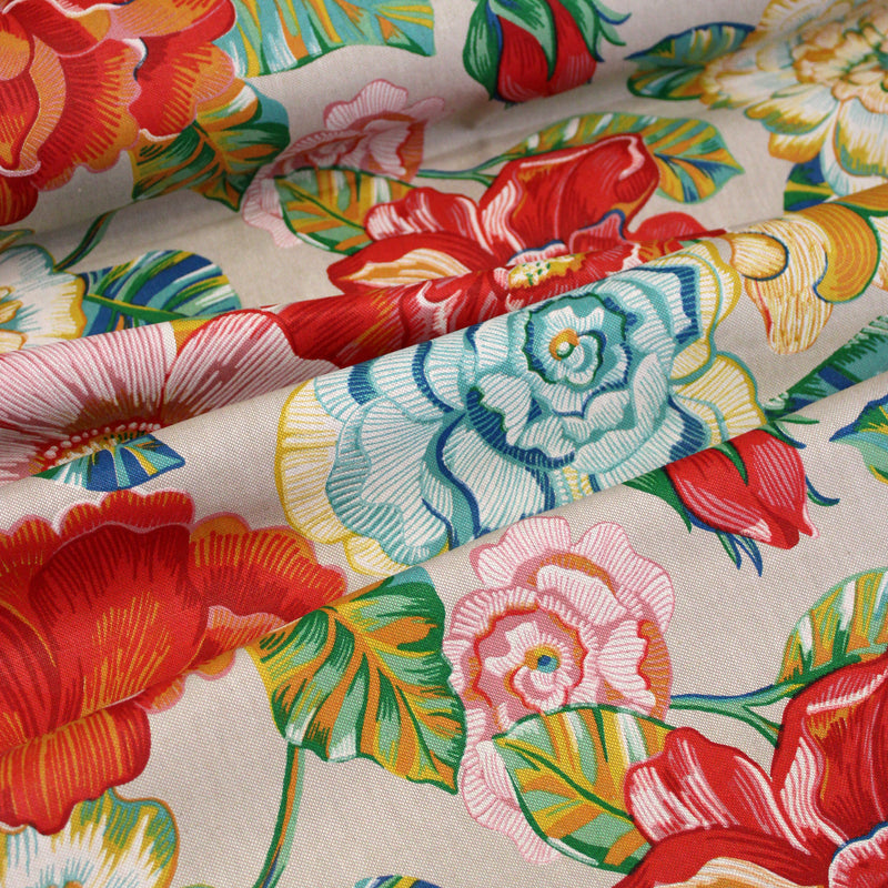 Tissu coton demi-natté PALOMA aux grandes et belles fleurs colorées, fond lin - OEKO-TEX STANDARD 100 - tissuspipi.com