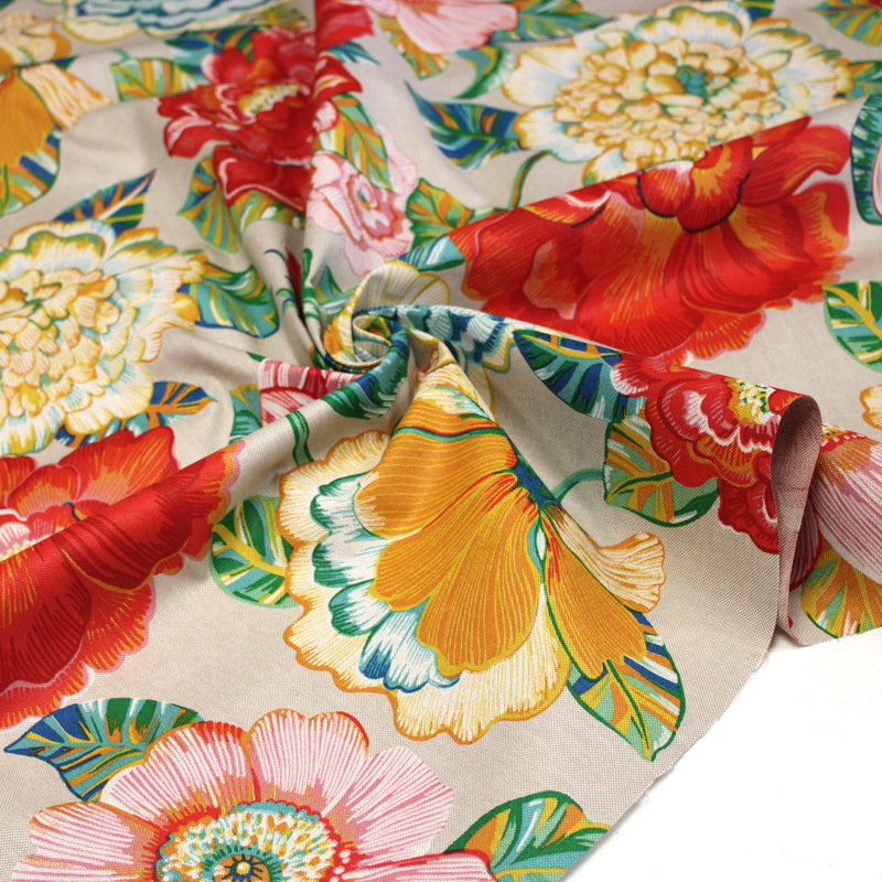 Tissu coton demi-natté PALOMA aux grandes et belles fleurs colorées, fond lin - OEKO-TEX STANDARD 100 - tissuspipi.com