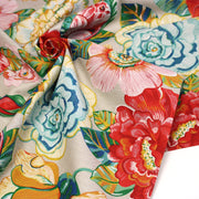 Tissu coton demi-natté PALOMA aux grandes et belles fleurs colorées, fond lin - OEKO-TEX STANDARD 100 - tissuspipi.com