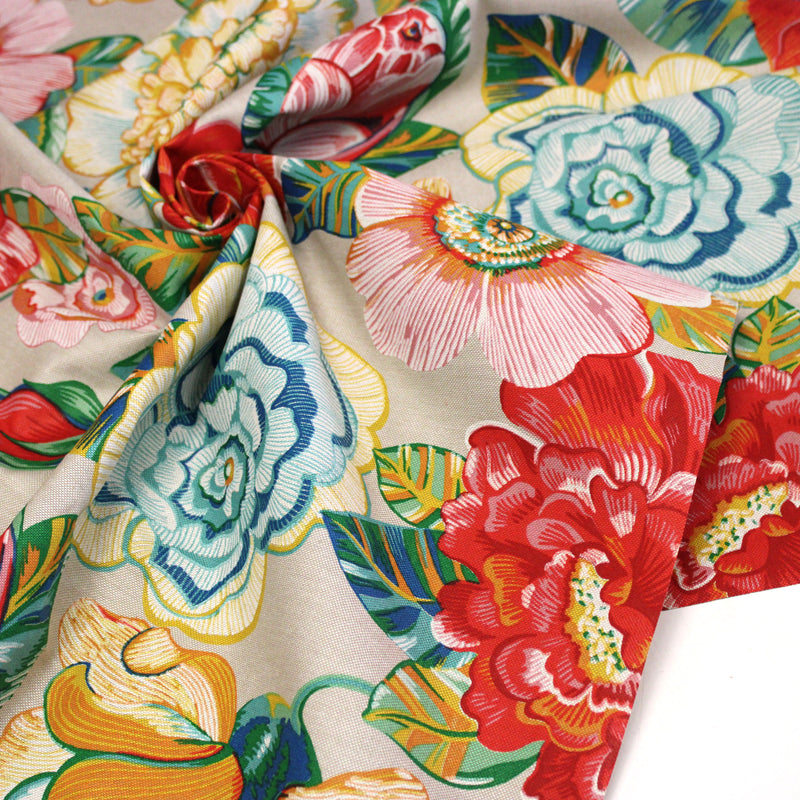 Tissu coton demi-natté PALOMA aux grandes et belles fleurs colorées, fond lin - OEKO-TEX STANDARD 100 - tissuspipi.com