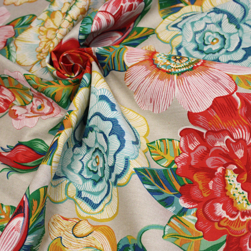 Tissu coton demi-natté PALOMA aux grandes et belles fleurs colorées, fond lin - OEKO-TEX STANDARD 100 - tissuspipi.com