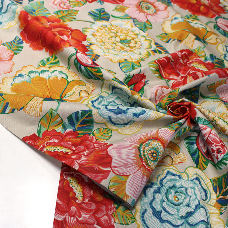 Tissu coton demi-natté PALOMA aux grandes et belles fleurs colorées, fond lin - OEKO-TEX STANDARD 100 - tissuspipi.com