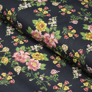 Tissu popeline coton gris aux fleurs roses et jaunes - Collection britannique - tissuspipi.com