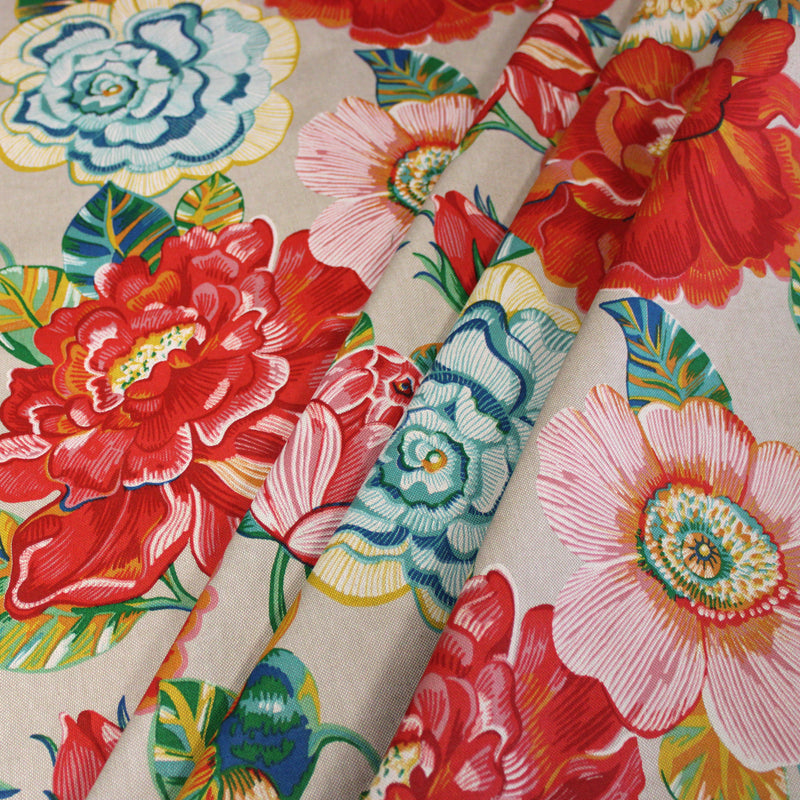 Tissu coton demi-natté PALOMA aux grandes et belles fleurs colorées, fond lin - OEKO-TEX STANDARD 100 - tissuspipi.com
