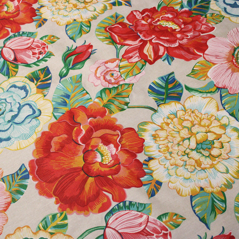 Tissu coton demi-natté PALOMA aux grandes et belles fleurs colorées, fond lin - OEKO-TEX STANDARD 100 - tissuspipi.com