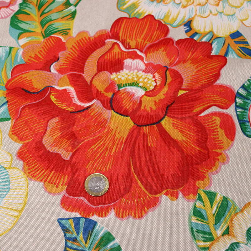 Tissu coton demi-natté PALOMA aux grandes et belles fleurs colorées, fond lin - OEKO-TEX STANDARD 100 - tissuspipi.com