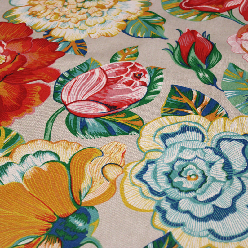 Tissu coton demi-natté PALOMA aux grandes et belles fleurs colorées, fond lin - OEKO-TEX STANDARD 100 - tissuspipi.com