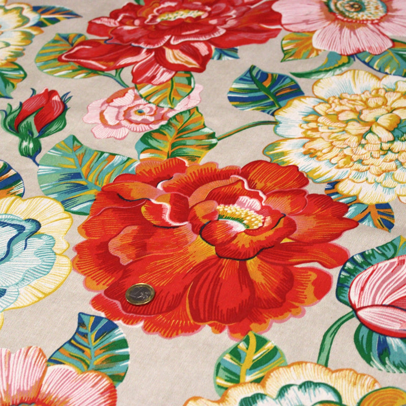 Tissu coton demi-natté PALOMA aux grandes et belles fleurs colorées, fond lin - OEKO-TEX STANDARD 100 - tissuspipi.com