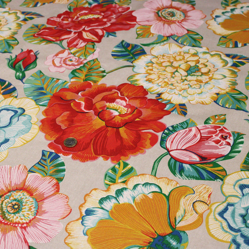 Tissu coton demi-natté PALOMA aux grandes et belles fleurs colorées, fond lin - OEKO-TEX STANDARD 100 - tissuspipi.com