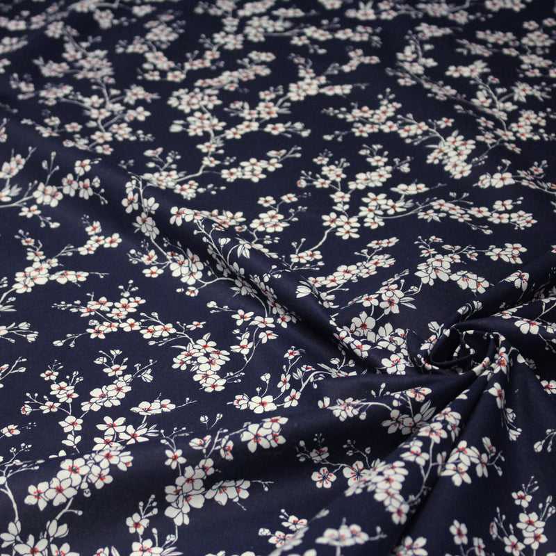 Tissu cotonnade HANA HANA, fleurs de cerisier japonais noir & blanc, fond rouge / bleu / jaune - OEKO - TEX - tissuspipi.com