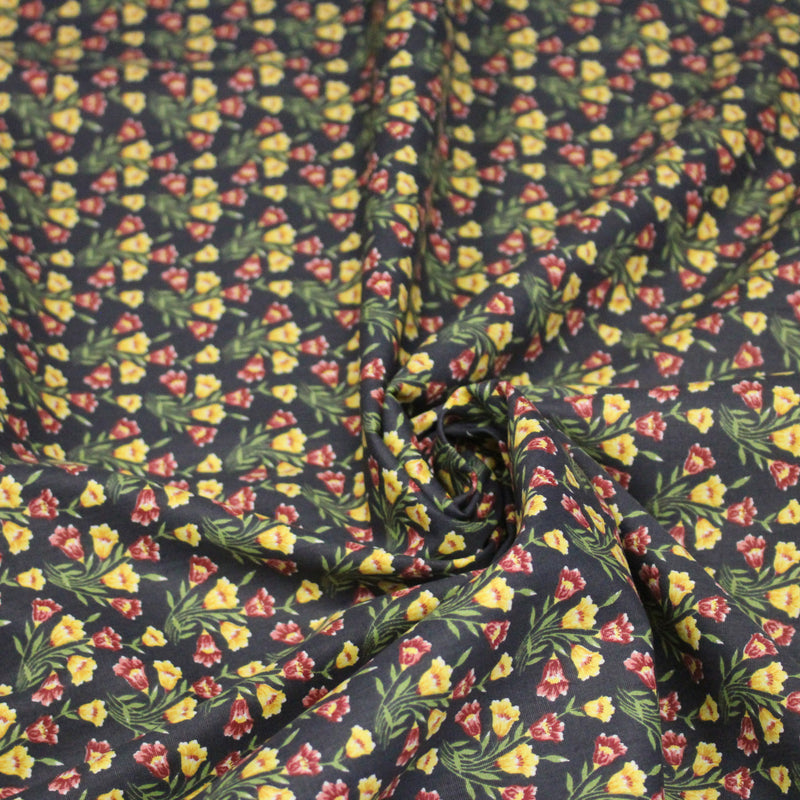 Tissu popeline coton gris aux petites fleurs roses et jaunes - Collection britannique - tissuspipi.com