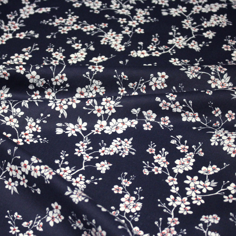 Tissu cotonnade HANA HANA, fleurs de cerisier japonais noir & blanc, fond rouge / bleu / jaune - OEKO - TEX - tissuspipi.com