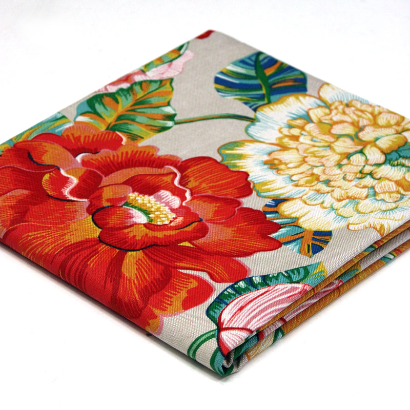 Tissu coton demi-natté PALOMA aux grandes et belles fleurs colorées, fond lin - OEKO-TEX STANDARD 100 - tissuspipi.com