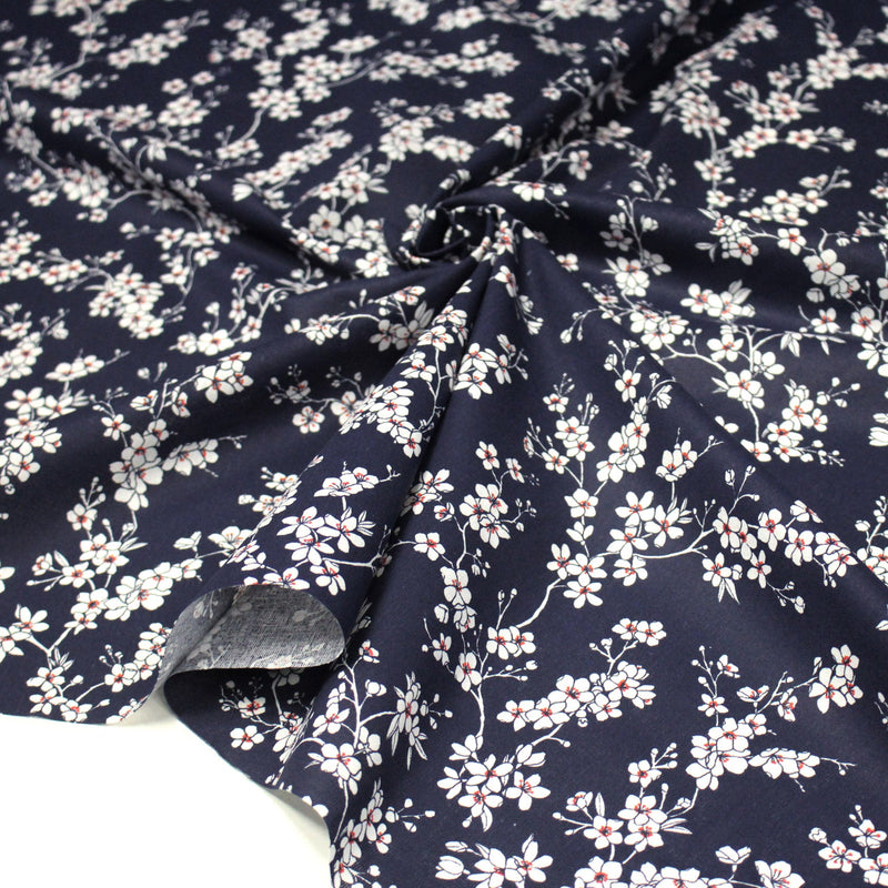 Tissu cotonnade HANA HANA, fleurs de cerisier japonais noir & blanc, fond rouge / bleu / jaune - OEKO - TEX - tissuspipi.com