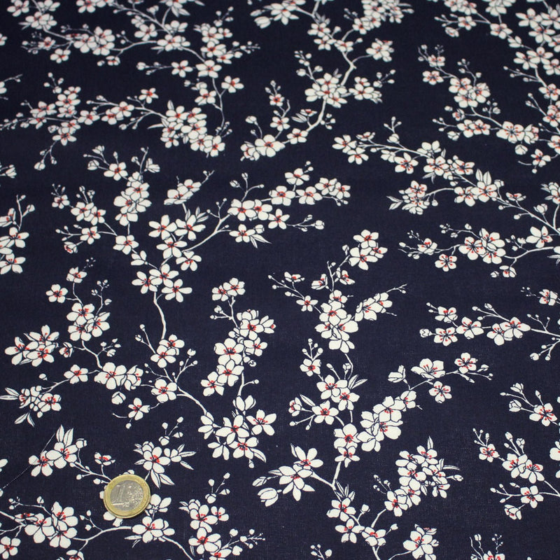 Tissu cotonnade HANA HANA, fleurs de cerisier japonais noir & blanc, fond rouge / bleu / jaune - OEKO - TEX - tissuspipi.com