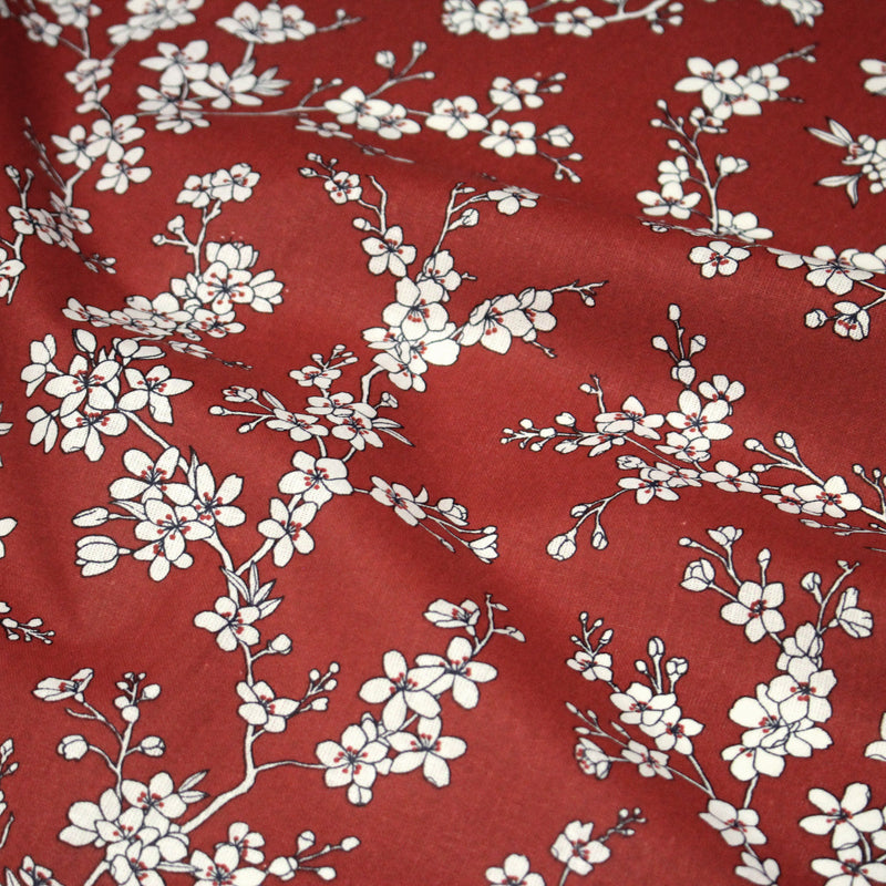 Tissu cotonnade HANA HANA, fleurs de cerisier japonais noir & blanc, fond rouge / bleu / jaune - OEKO - TEX - tissuspipi.com