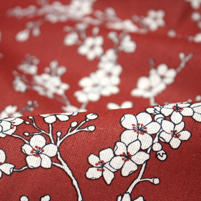Tissu cotonnade HANA HANA, fleurs de cerisier japonais noir & blanc, fond rouge / bleu / jaune - OEKO - TEX - tissuspipi.com