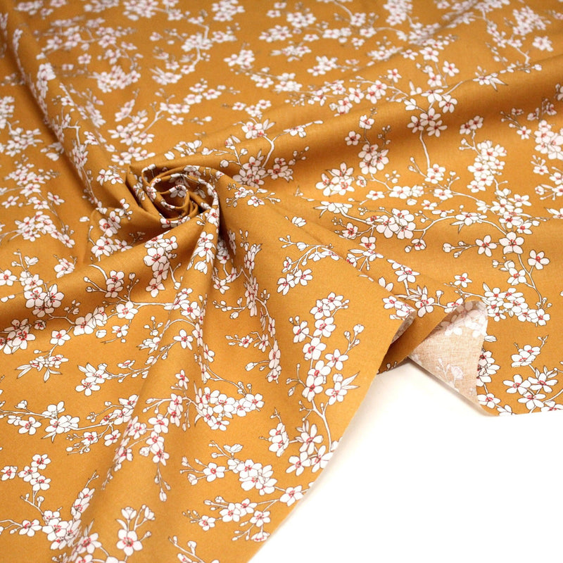 Tissu cotonnade HANA HANA, fleurs de cerisier japonais noir & blanc, fond rouge / bleu / jaune - OEKO - TEX - tissuspipi.com