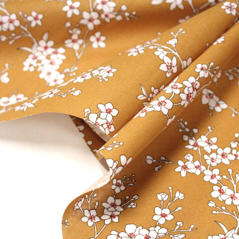 Tissu cotonnade HANA HANA, fleurs de cerisier japonais noir & blanc, fond rouge / bleu / jaune - OEKO - TEX - tissuspipi.com