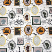 Tissu coton blanc aux cadres, photos et toiles d'araignée d'un manoir hanté - Collection Halloween - OEKO - TEX - tissuspipi.com