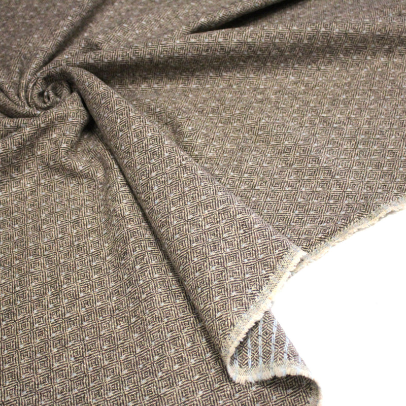 Tissu lainage tweed chevrons taupe à pois bleus - Fabrication italienne - tissuspipi.com