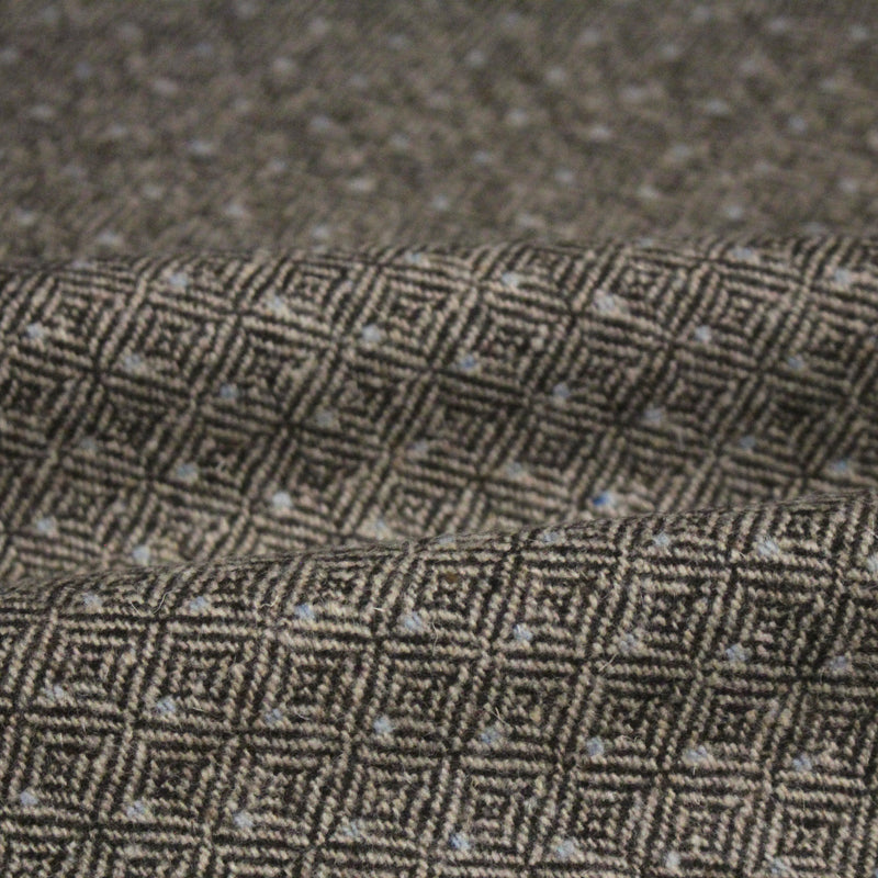 Tissu lainage tweed chevrons taupe à pois bleus - Fabrication italienne - tissuspipi.com