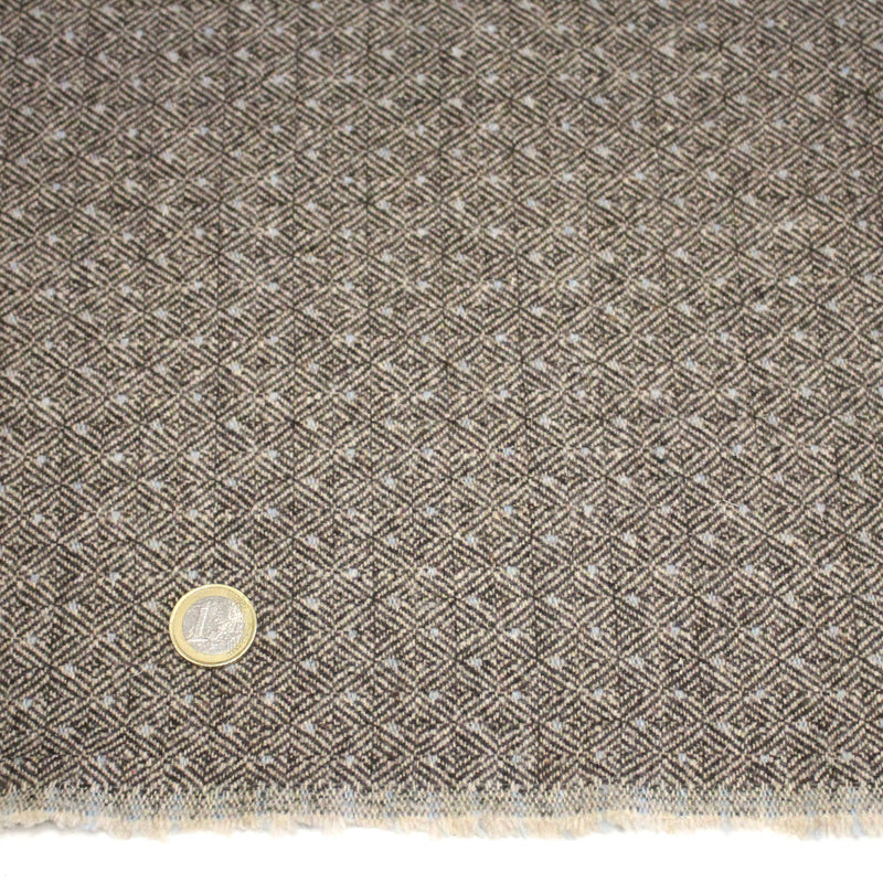 Tissu lainage tweed chevrons taupe à pois bleus - Fabrication italienne - tissuspipi.com